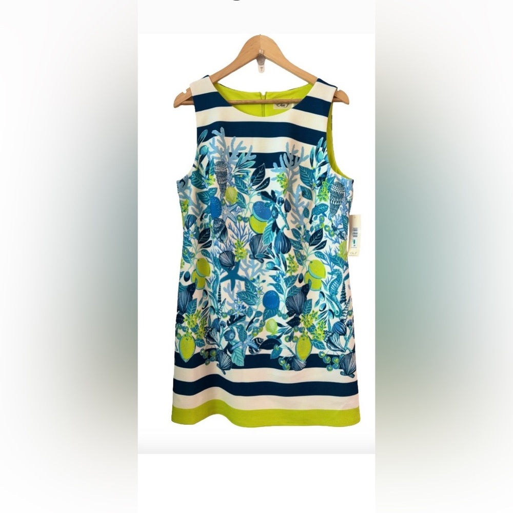 Eliza J coastal prnt pique slvlss drss SZ 16 nautical tropical ocean